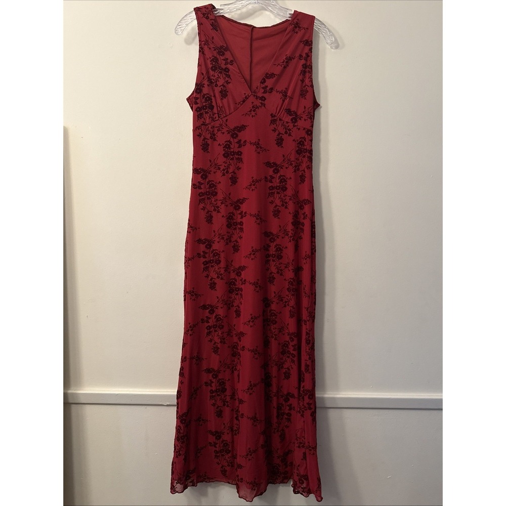 Y2K 90s Style Red Burnout Flock Velvet Floral Maxi Dress Large V-Neck Whimsigoth